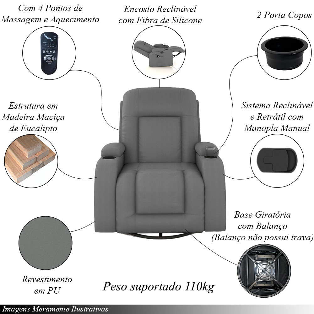 Poltrona do Papai Reclinável Giratória e Balanço Sala de Cinema Crihs com Massagem e Aquecimento PU Cinza G23 - Gran Belo