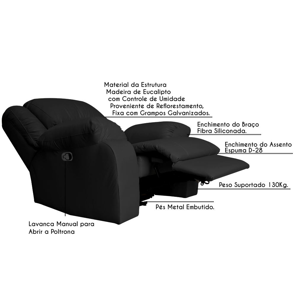 Poltrona do Papai Reclinável Manual Magnum PU Sintético Preto G23 - Gran Belo