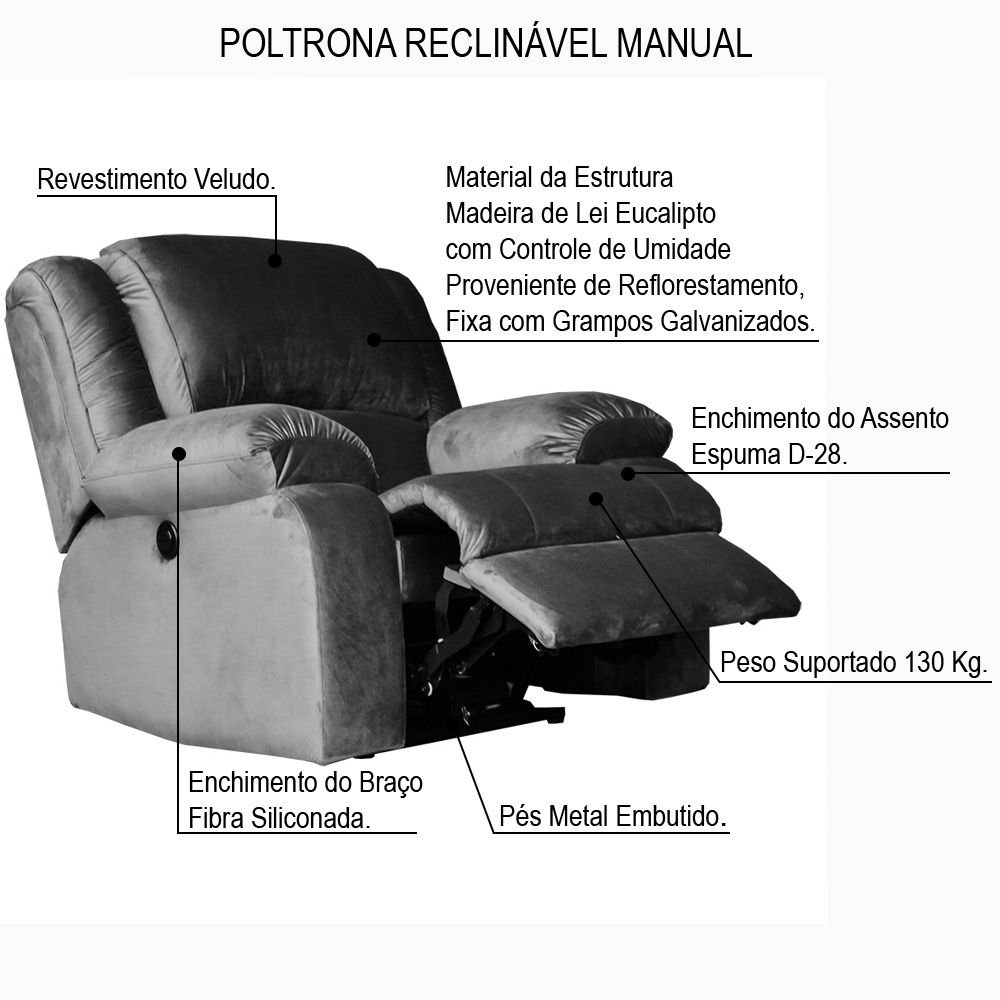 Poltrona do Papai Reclinável Manual Magnum Veludo Cinza G23 - Gran Belo