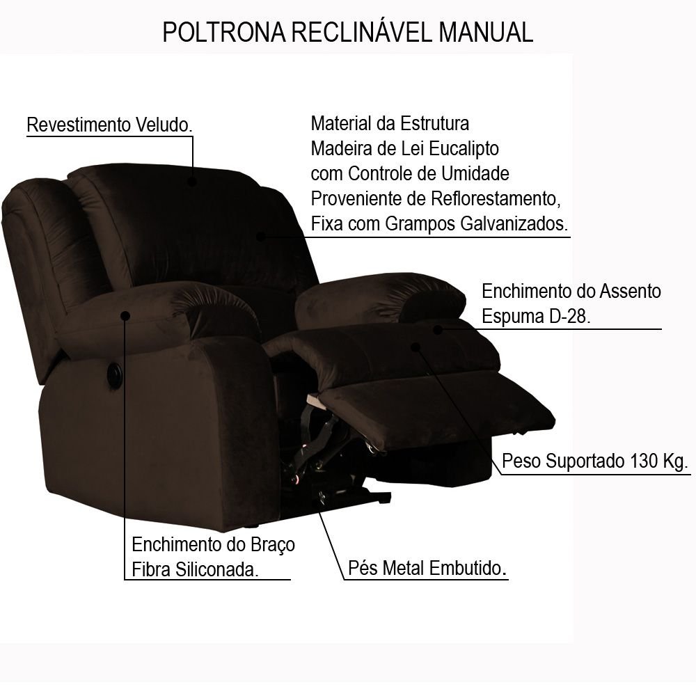 Poltrona do Papai Reclinável Manual Magnum Veludo Marrom Chocolate - Gran Belo