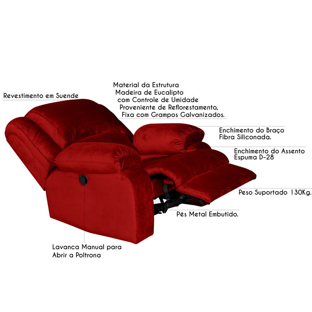 Poltrona do Papai Reclinável Manual Magnum Veludo Vermelho G23 - Gran Belo