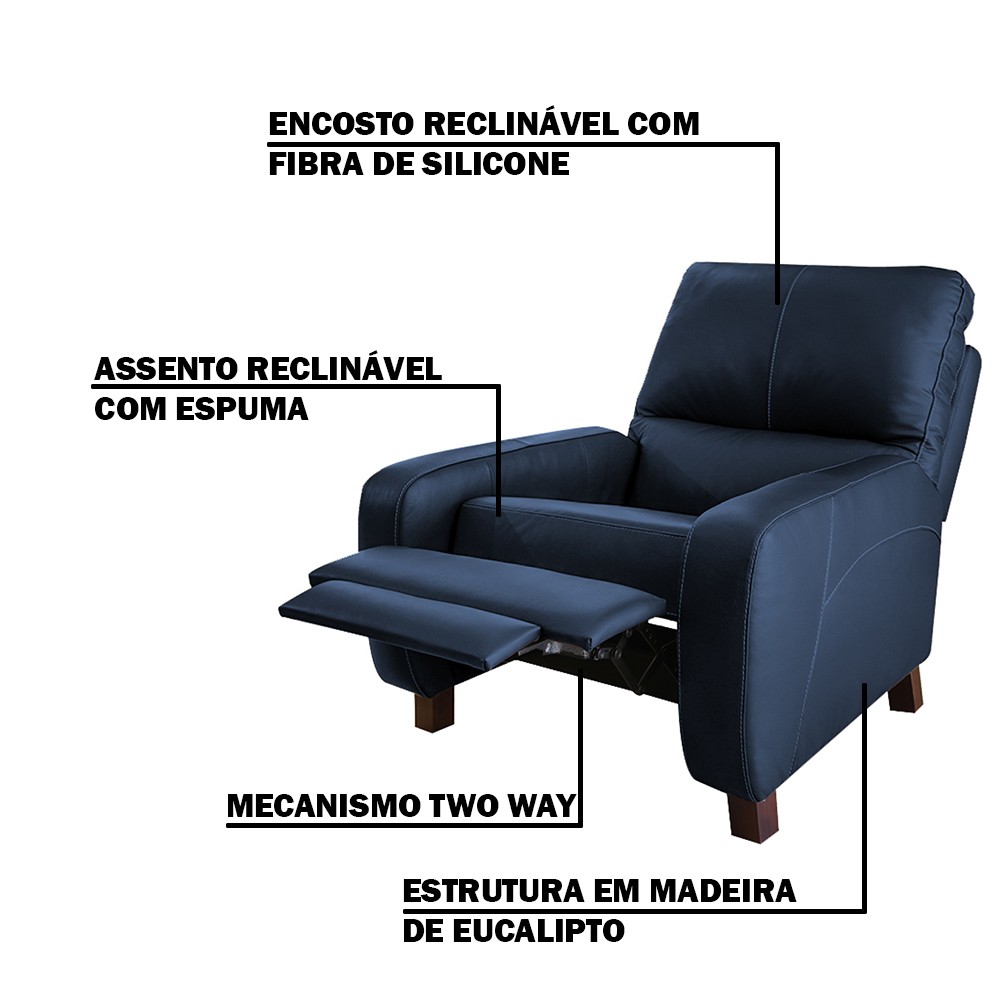 Poltrona do Papai Reclinável Manual Viena Two Way Couro Azul G40 - Gran Belo