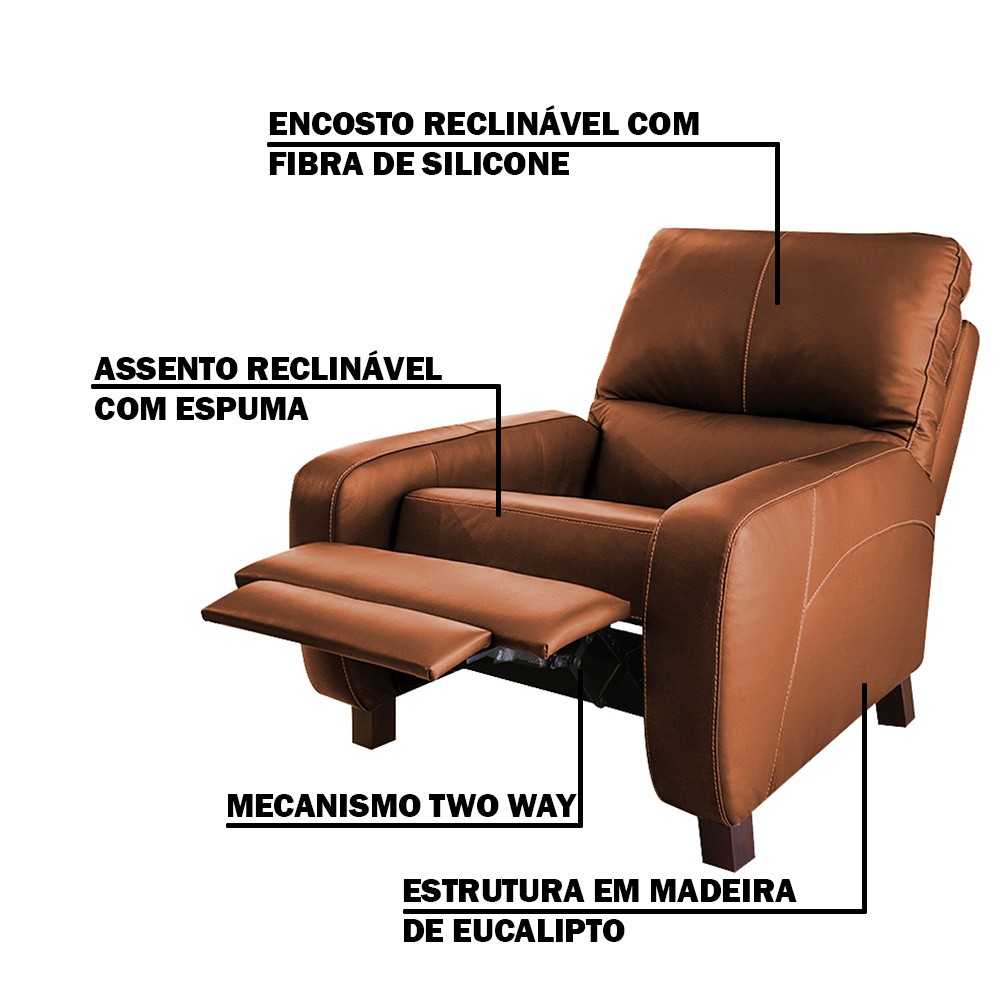 Poltrona do Papai Reclinável Manual Viena Two Way Couro Marrom Claro - Gran Belo