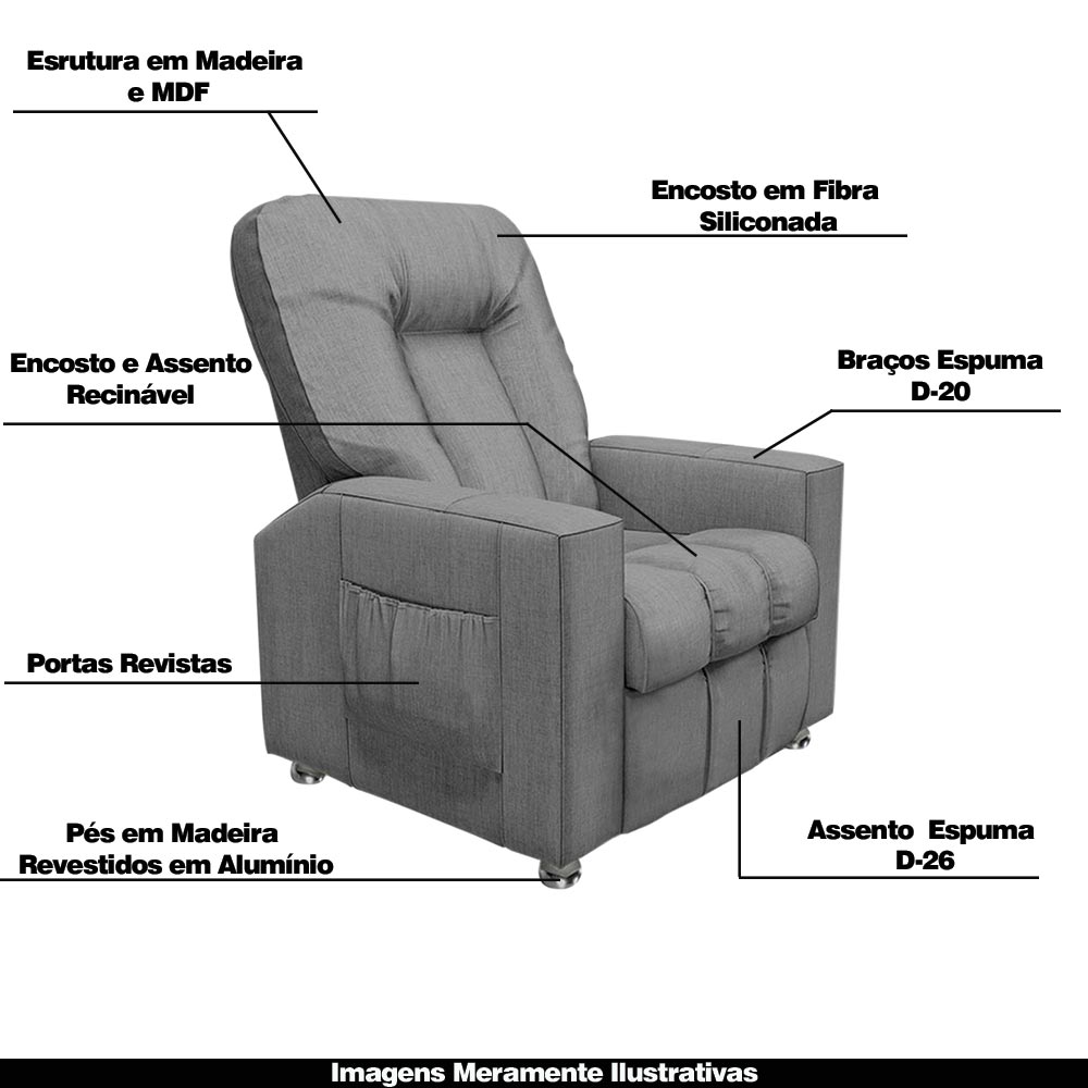 Poltrona do Papai Reclinável Pequim Linho Cinza G23 - Gran Belo