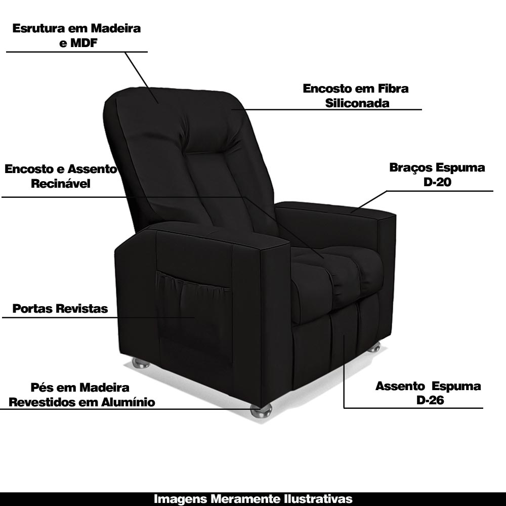 Poltrona do Papai Reclinável Pequim PU Preto G23 - Gran Belo
