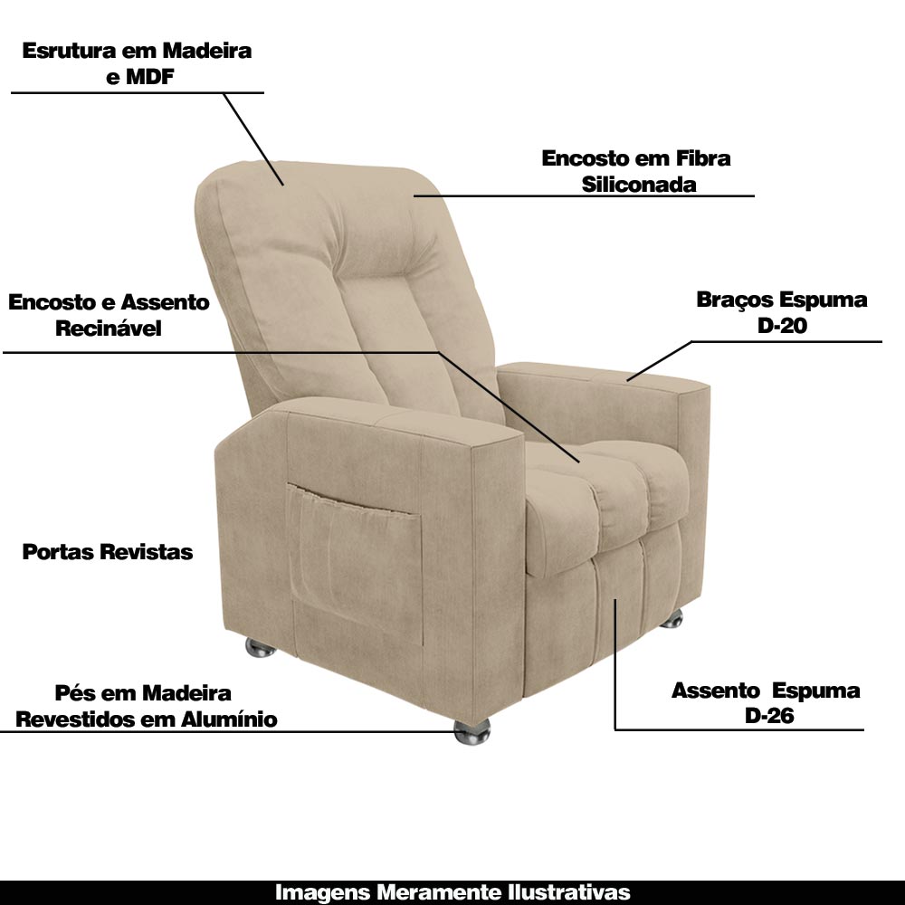 Poltrona do Papai Reclinável Pequim Suede Bege G23 - Gran Belo