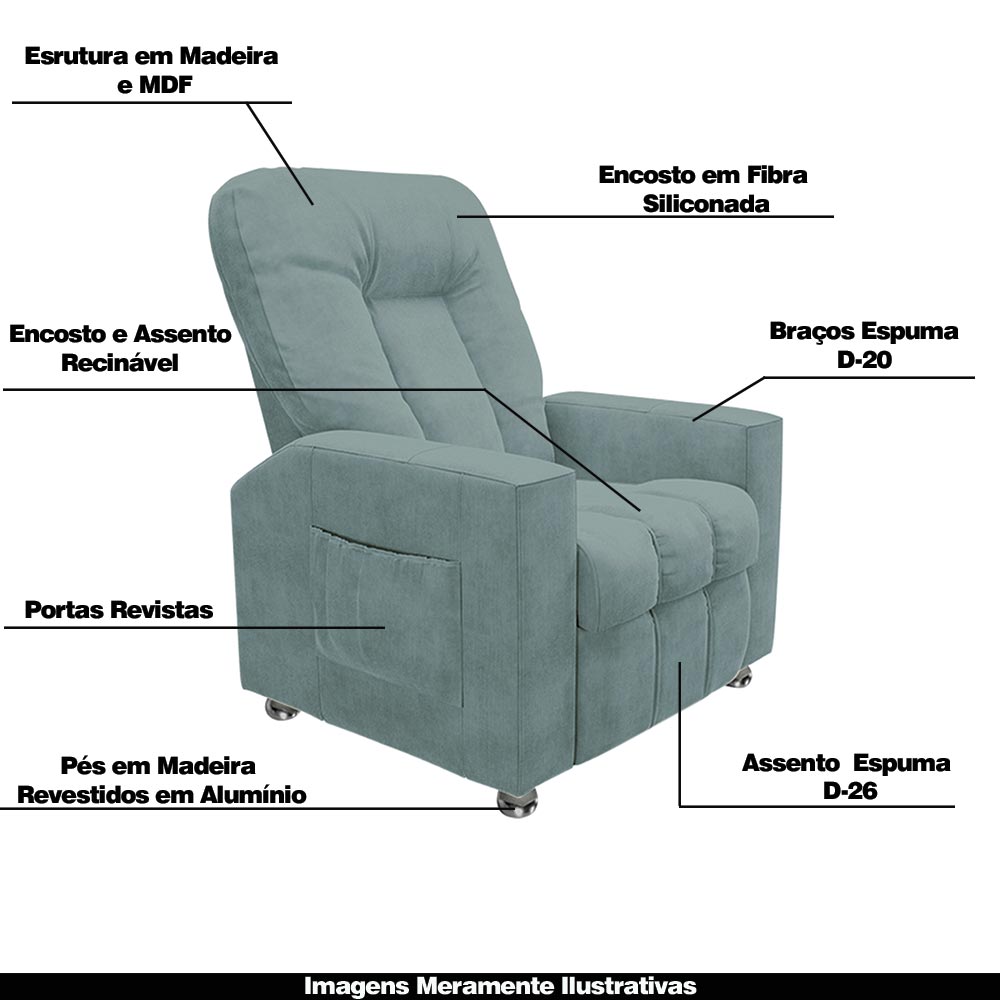 Poltrona do Papai Reclinável Pequim Veludo Azul Claro G23 - Gran Belo