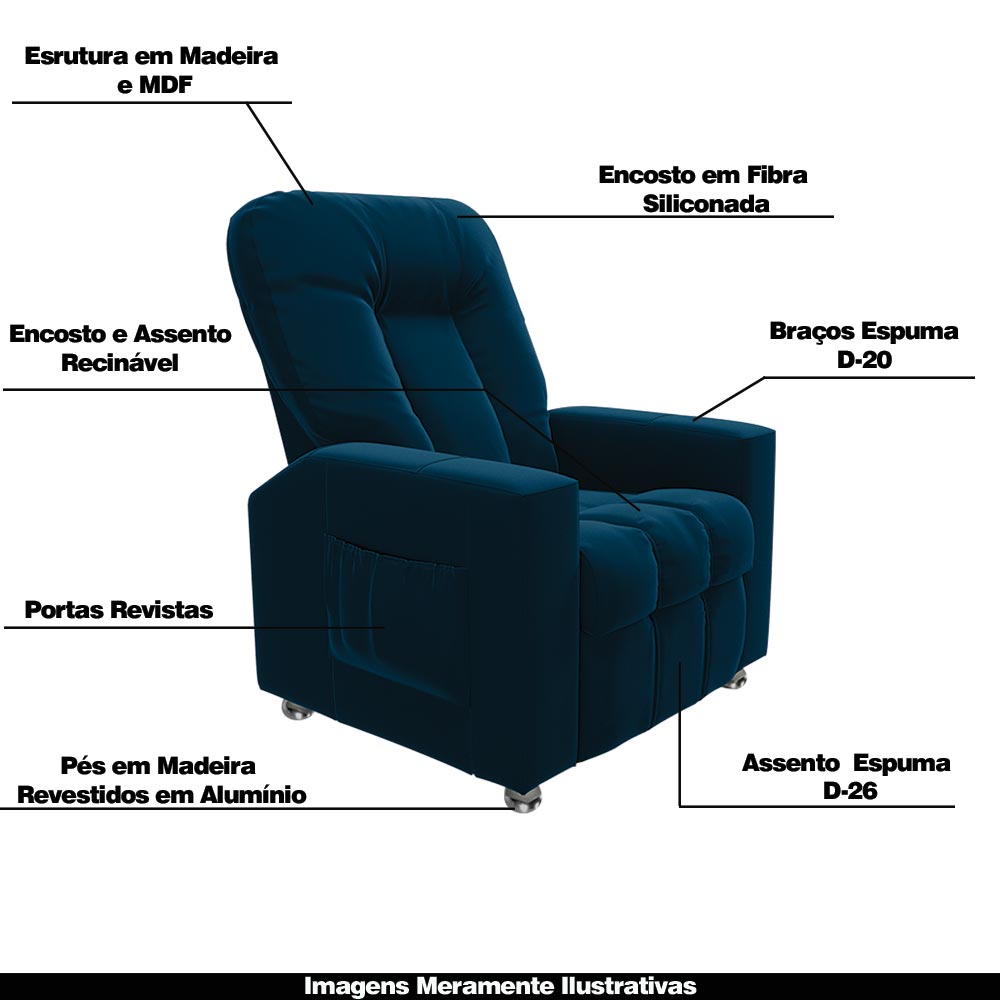 Poltrona do Papai Reclinável Pequim Veludo Azul Marinho G23 - Gran Belo