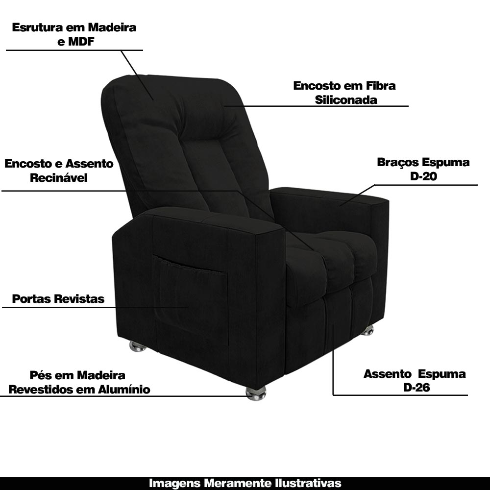 Poltrona do Papai Reclinável Pequim Veludo Preto G23 - Gran Belo