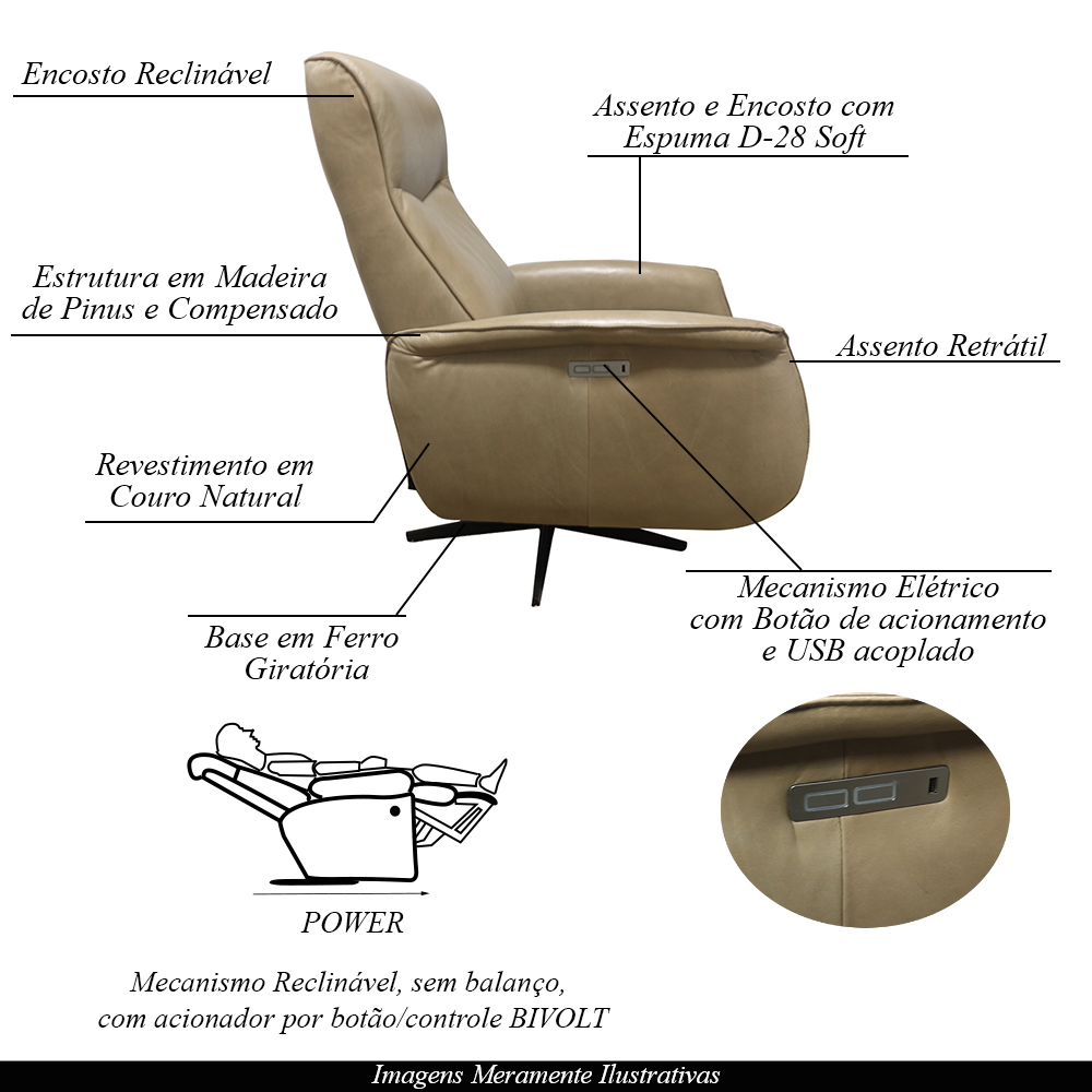Poltrona do Papai Reclinável Power Elétrica Conde Giratória com USB Couro Capuccino G76 - Gran Belo