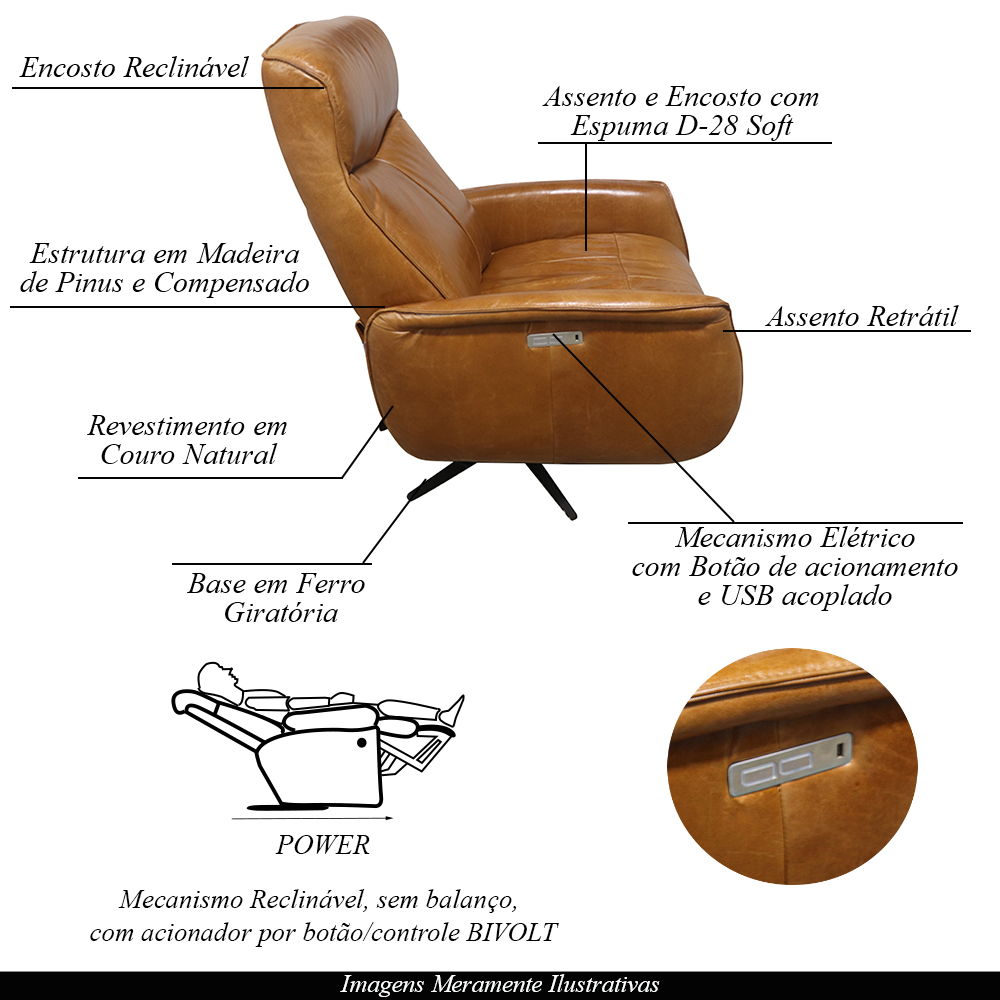 Poltrona do Papai Reclinável Retrátil Botão Elétrica Conde Giratória USB Couro Caramelo G76 - Gran Belo