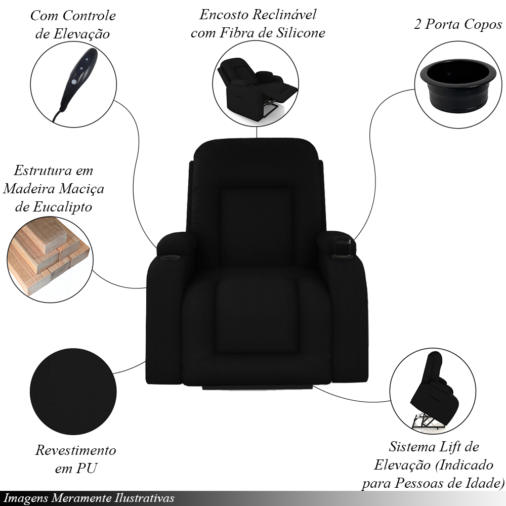 Poltrona do Papai Reclinável Sala de Cinema Crihs Elétrica Lift Elevação PU Preto G23 - Gran Belo