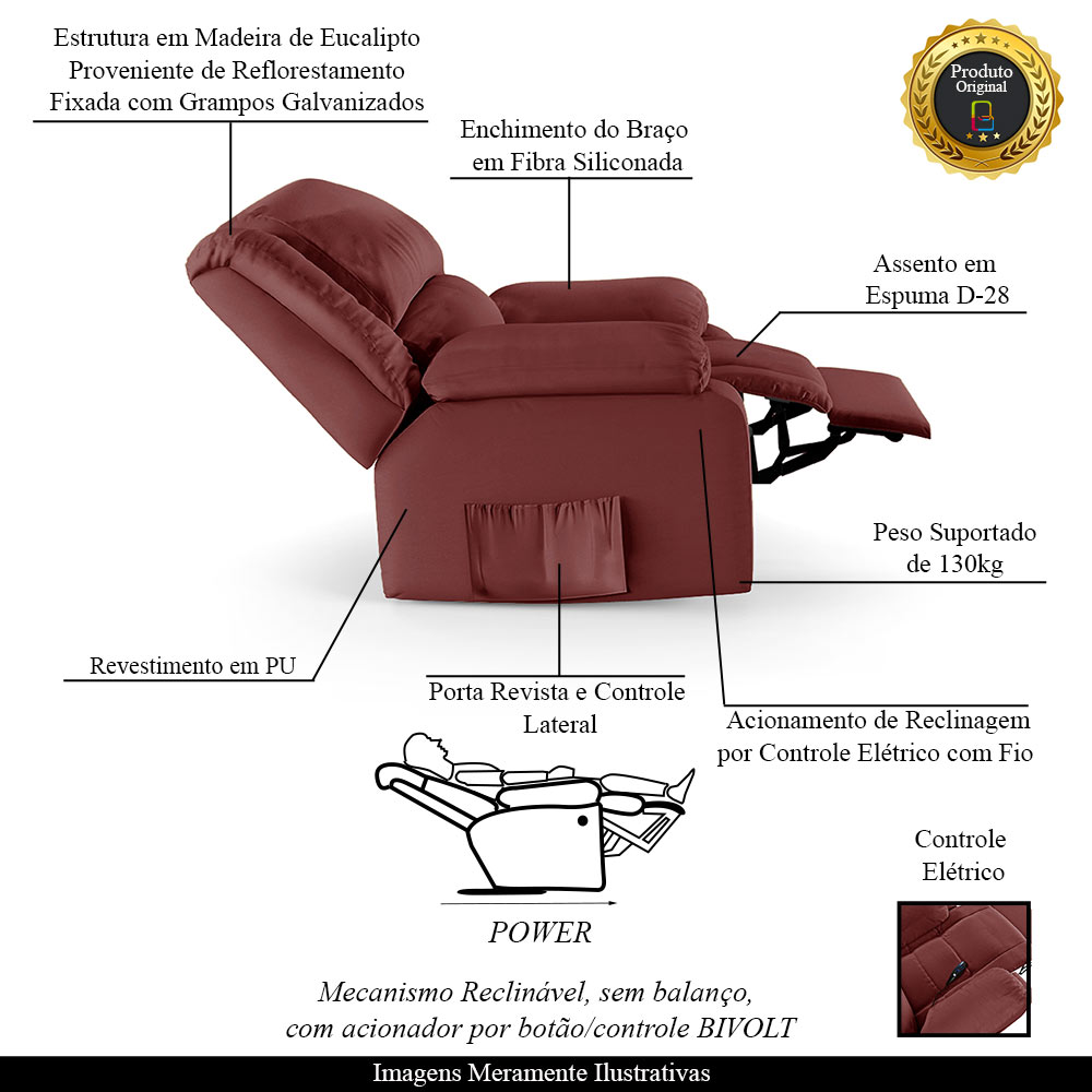Poltrona do Papai Reclinável Sala de Cinema Madrid Controle Power Elétrico PU Vermelho  G23