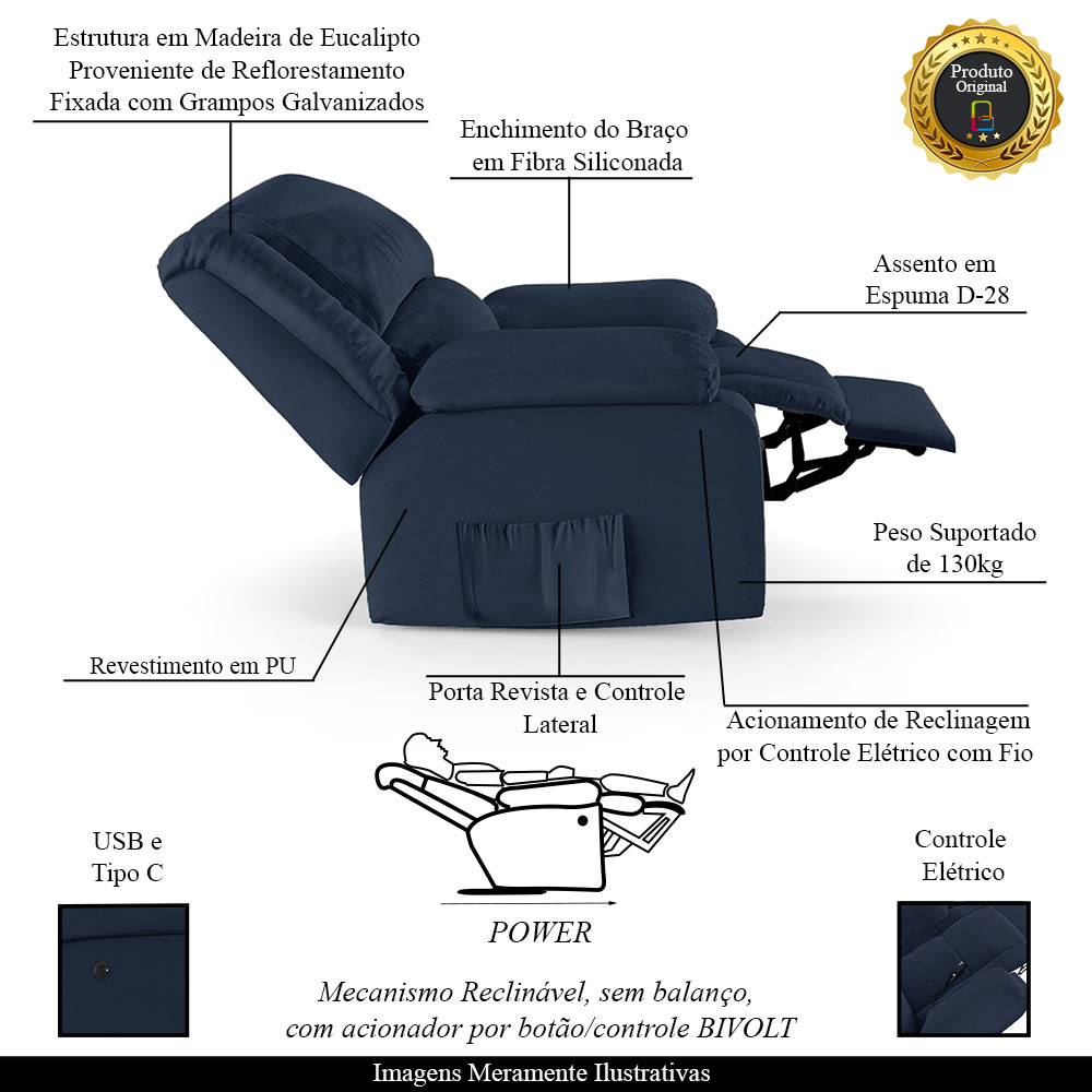 Poltrona do Papai Reclinável Sala de Cinema Madrid Controle Power Elétrico USB PU Azul  G23