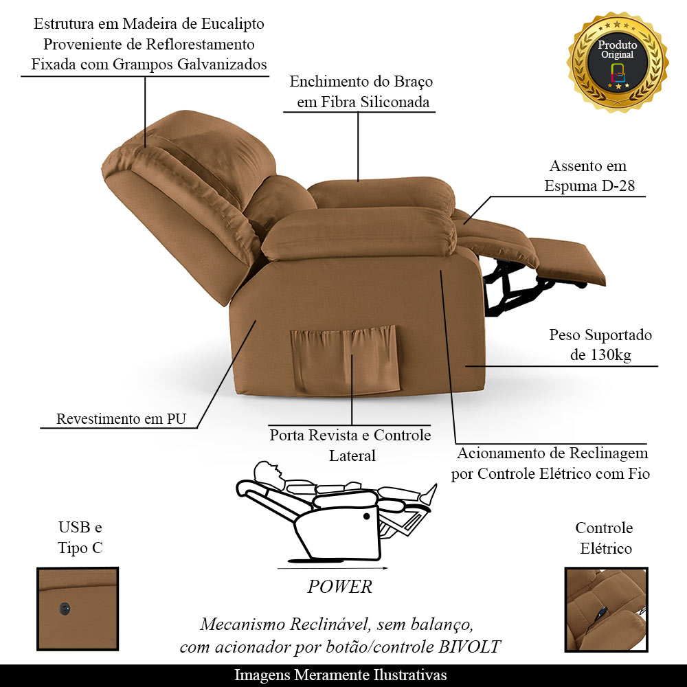 Poltrona do Papai Reclinável Sala de Cinema Madrid Controle Power Elétrico USB PU Caramelo  G23
