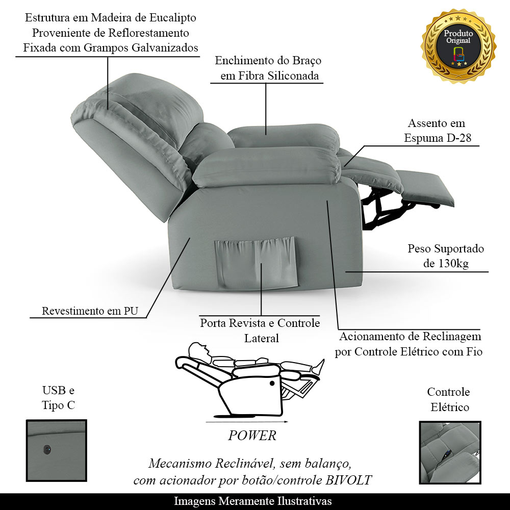 Poltrona do Papai Reclinável Sala de Cinema Madrid Controle Power Elétrico USB PU Cinza  G23