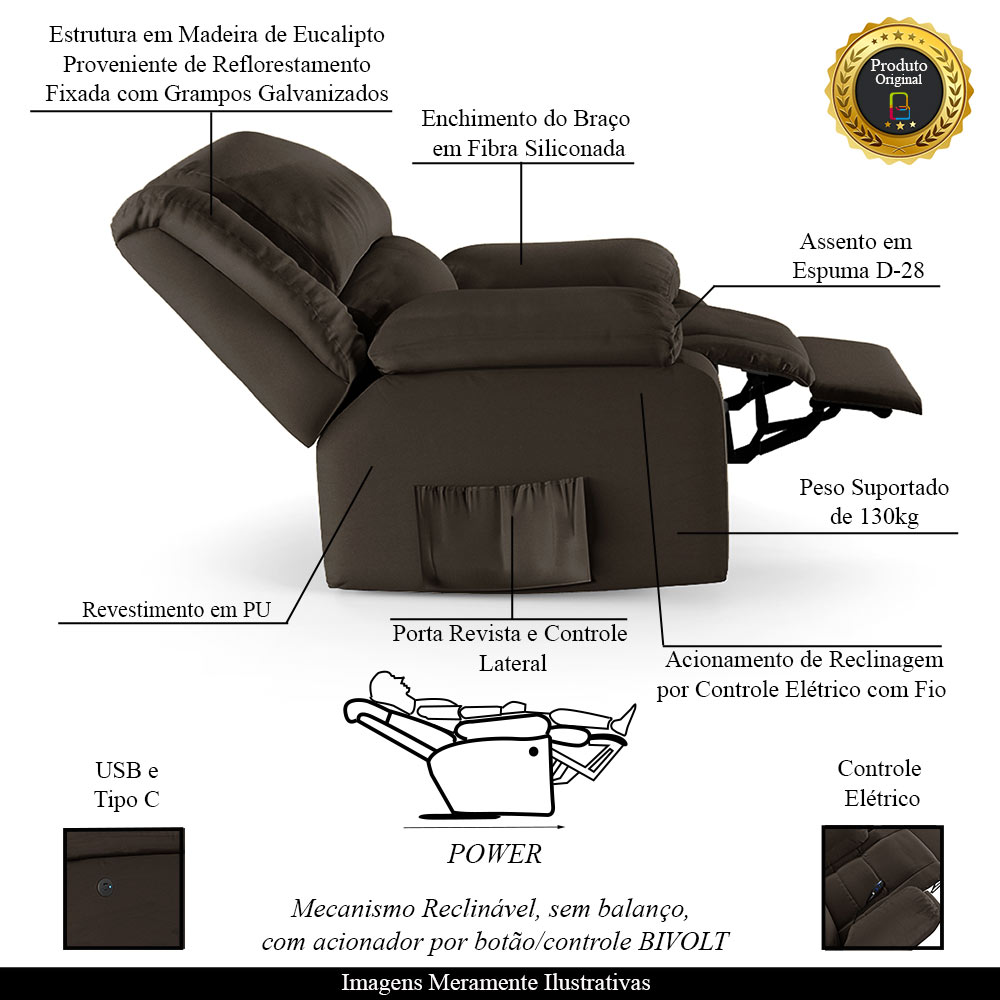 Poltrona do Papai Reclinável Sala de Cinema Madrid Controle Power Elétrico USB PU Marrom  G23