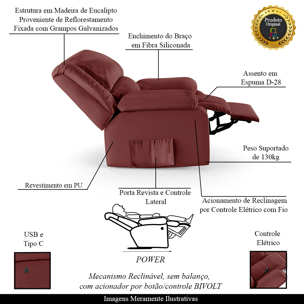 Poltrona do Papai Reclinável Sala de Cinema Madrid Controle Power Elétrico USB PU Vermelho  G23