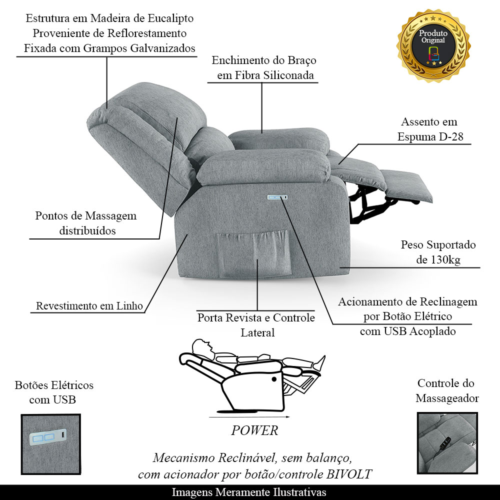 Poltrona do Papai Reclinável Sala de Cinema Madrid Elétrica Touch Massagem USB Linho Cinza  G26