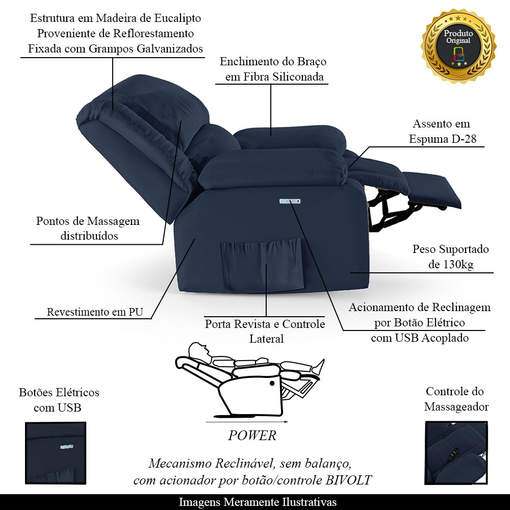 Poltrona do Papai Reclinável Sala de Cinema Madrid Elétrica Touch Massagem USB PU Azul  G23