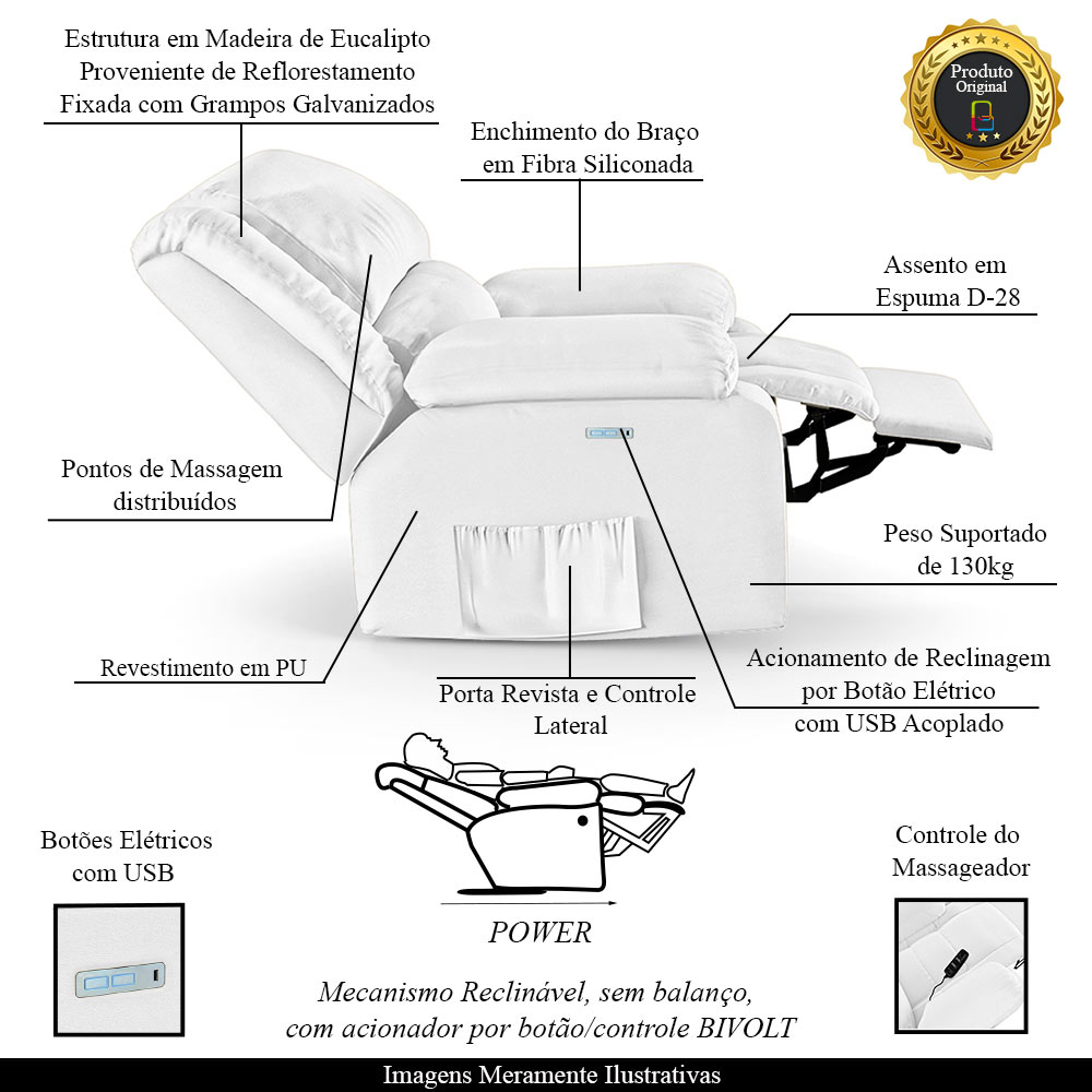 Poltrona do Papai Reclinável Sala de Cinema Madrid Elétrica Touch Massagem USB PU Branco  G23
