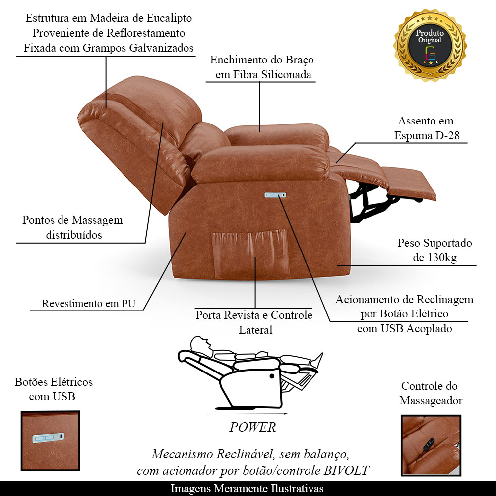 Poltrona do Papai Reclinável Sala de Cinema Madrid Elétrica Touch Massagem USB PU Caramelo Brilho  G26