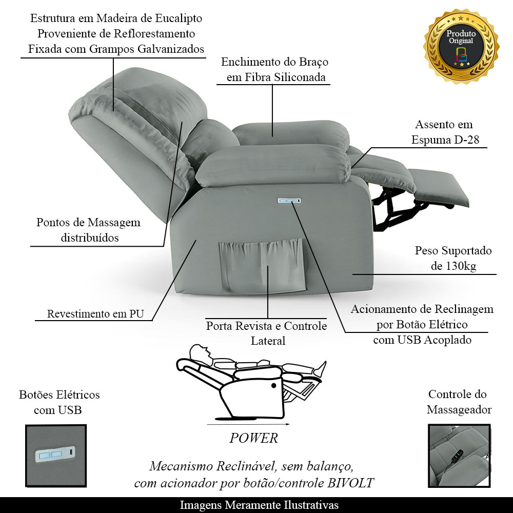 Poltrona do Papai Reclinável Sala de Cinema Madrid Elétrica Touch Massagem USB PU Cinza  G23
