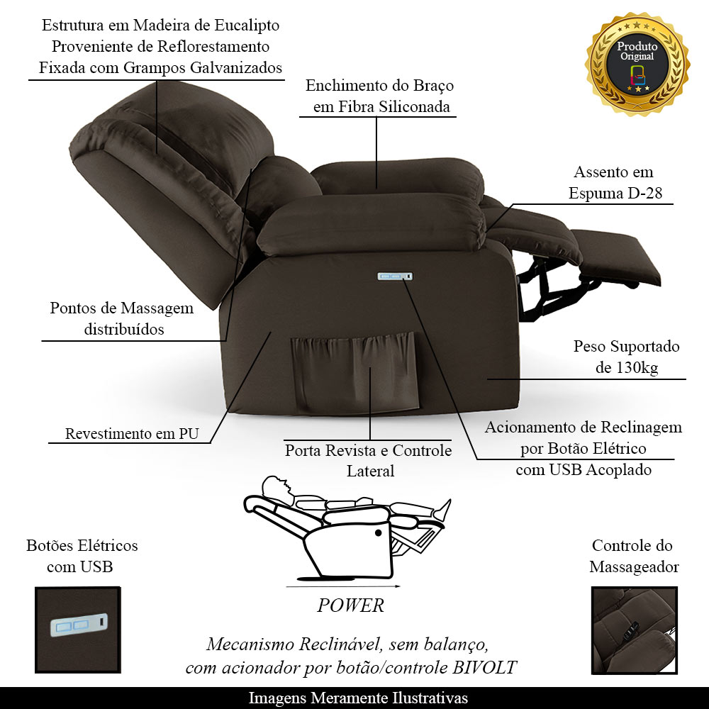 Poltrona do Papai Reclinável Sala de Cinema Madrid Elétrica Touch Massagem USB PU Marrom  G23