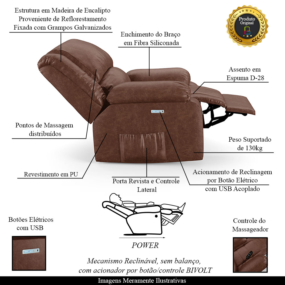 Poltrona do Papai Reclinável Sala de Cinema Madrid Elétrica Touch Massagem USB PU Marrom Brilho  G26