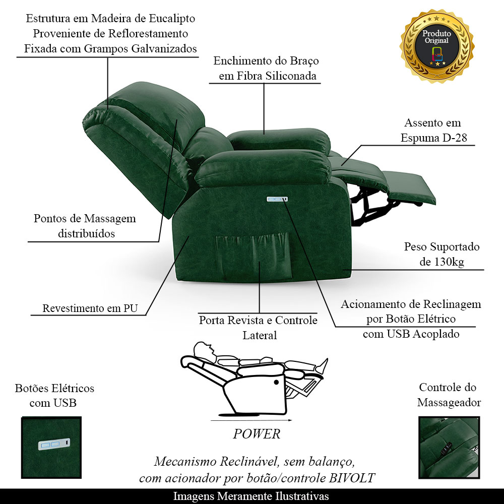 Poltrona do Papai Reclinável Sala de Cinema Madrid Elétrica Touch Massagem USB PU Verde Musgo  G26