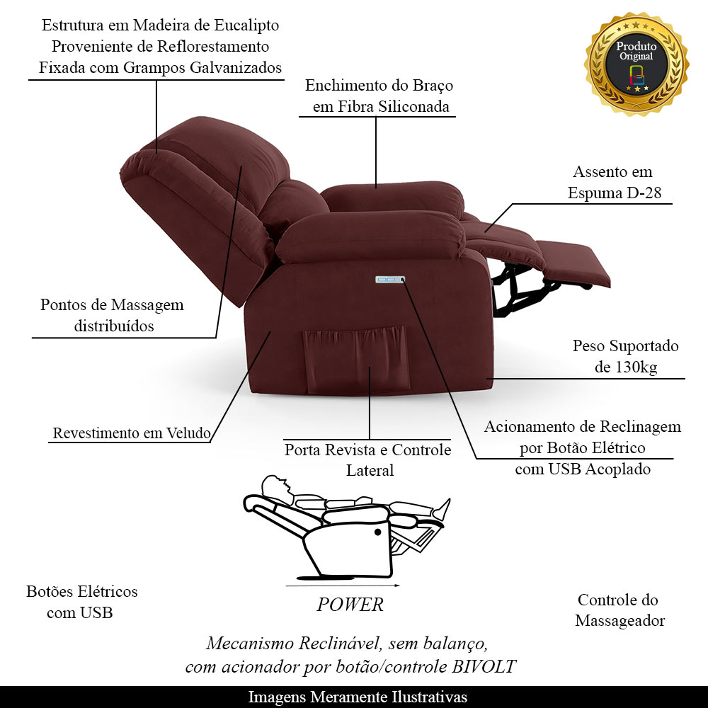 Poltrona do Papai Reclinável Sala de Cinema Madrid Elétrica Touch Massagem USB Veludo Vinho  G23