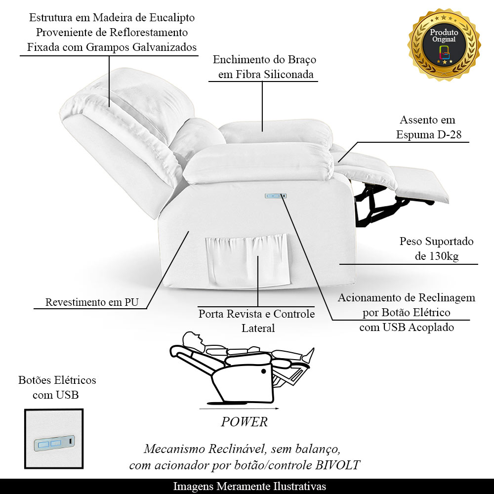Poltrona do Papai Reclinável Sala de Cinema Madrid Elétrica Touch USB PU Branco  G23