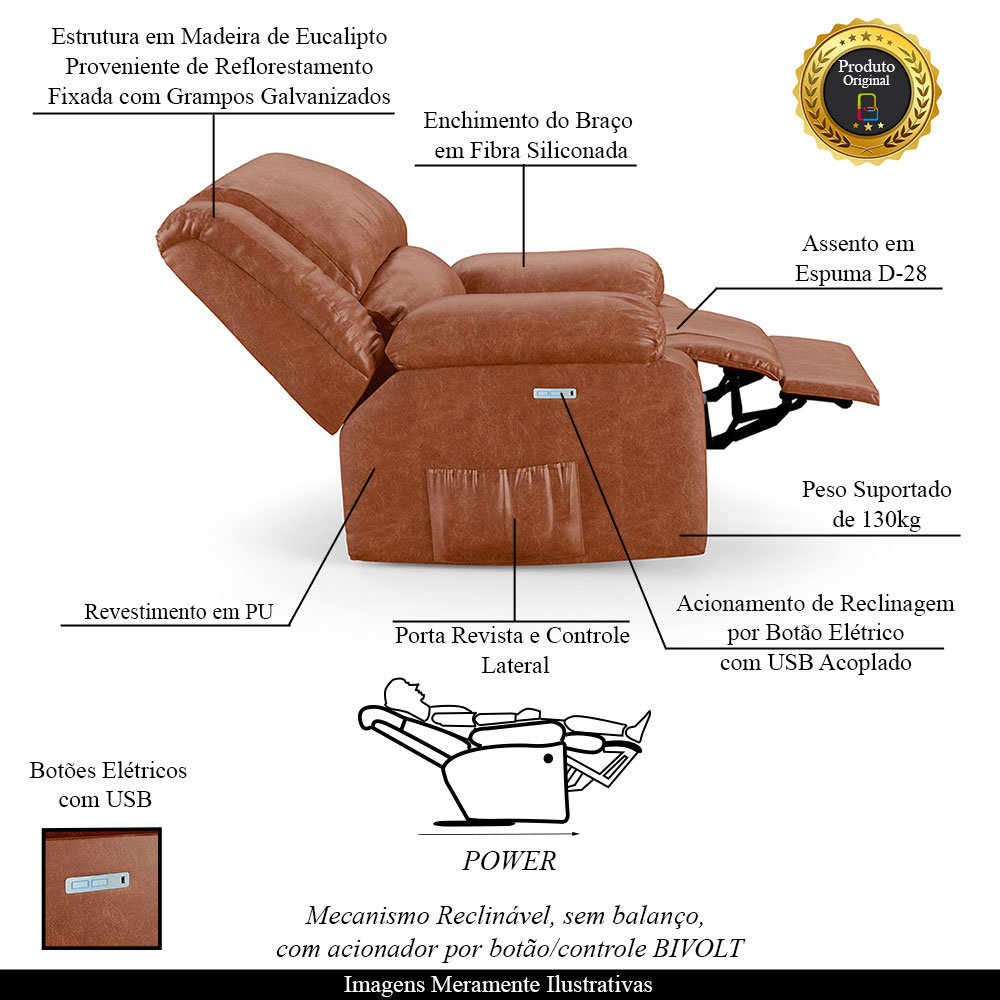 Poltrona do Papai Reclinável Sala de Cinema Madrid Elétrica Touch USB PU Caramelo Brilho  G26