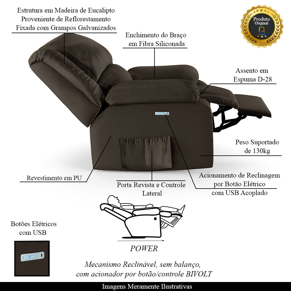 Poltrona do Papai Reclinável Sala de Cinema Madrid Elétrica Touch USB PU Marrom  G23