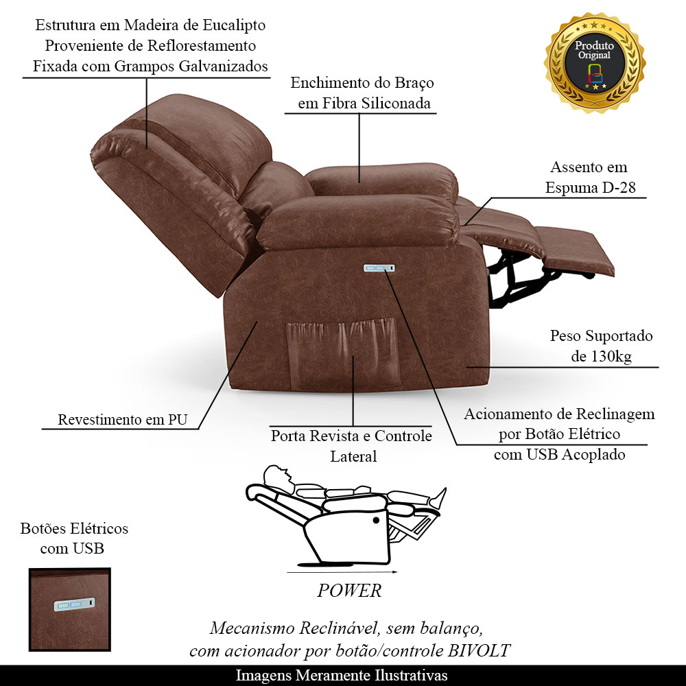 Poltrona do Papai Reclinável Sala de Cinema Madrid Elétrica Touch USB PU Marrom Brilho  G26