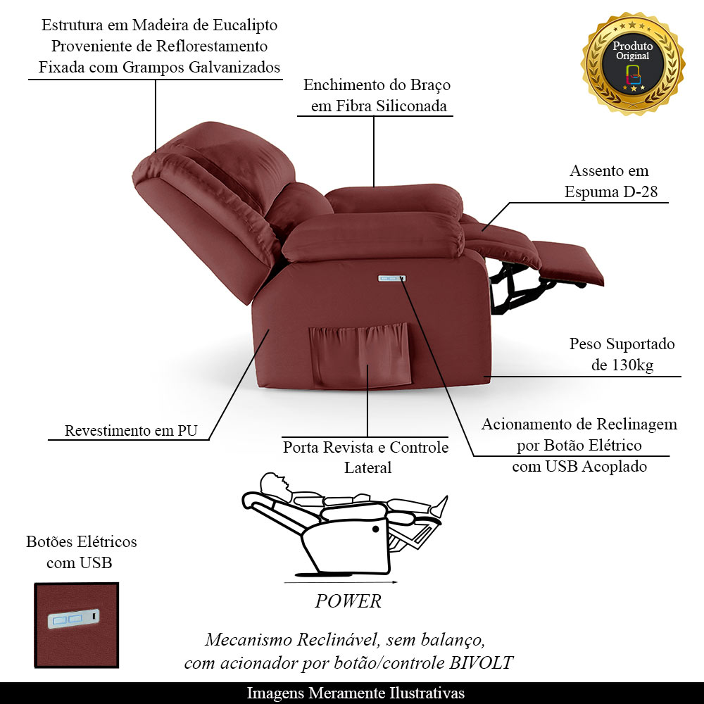 Poltrona do Papai Reclinável Sala de Cinema Madrid Elétrica Touch USB PU Vermelho  G23