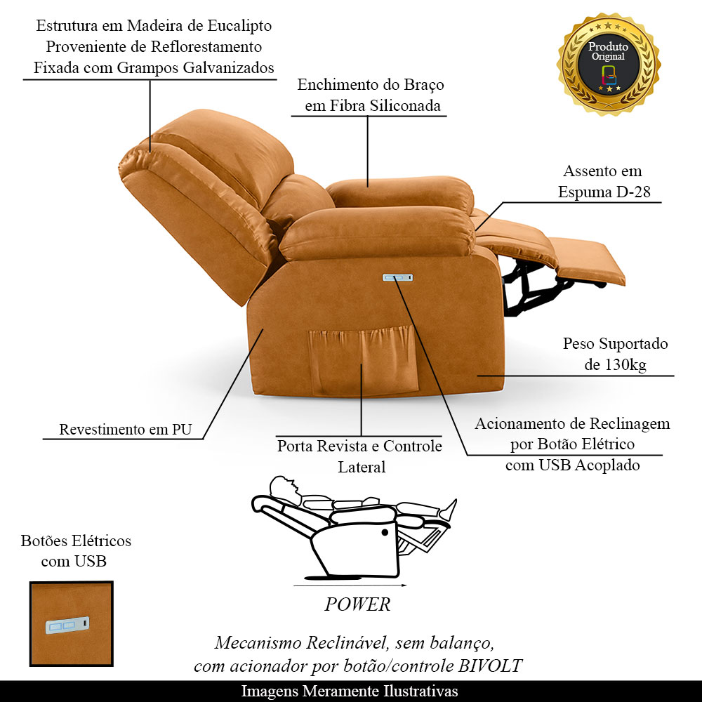 Poltrona do Papai Reclinável Sala de Cinema Madrid Elétrica Touch USB PU Whisky  G26