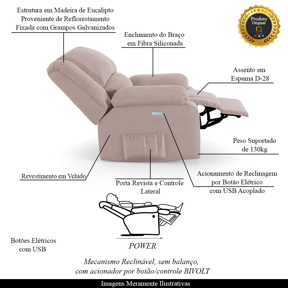 Poltrona do Papai Reclinável Sala de Cinema Madrid Elétrica Touch USB Veludo Rosê  G23