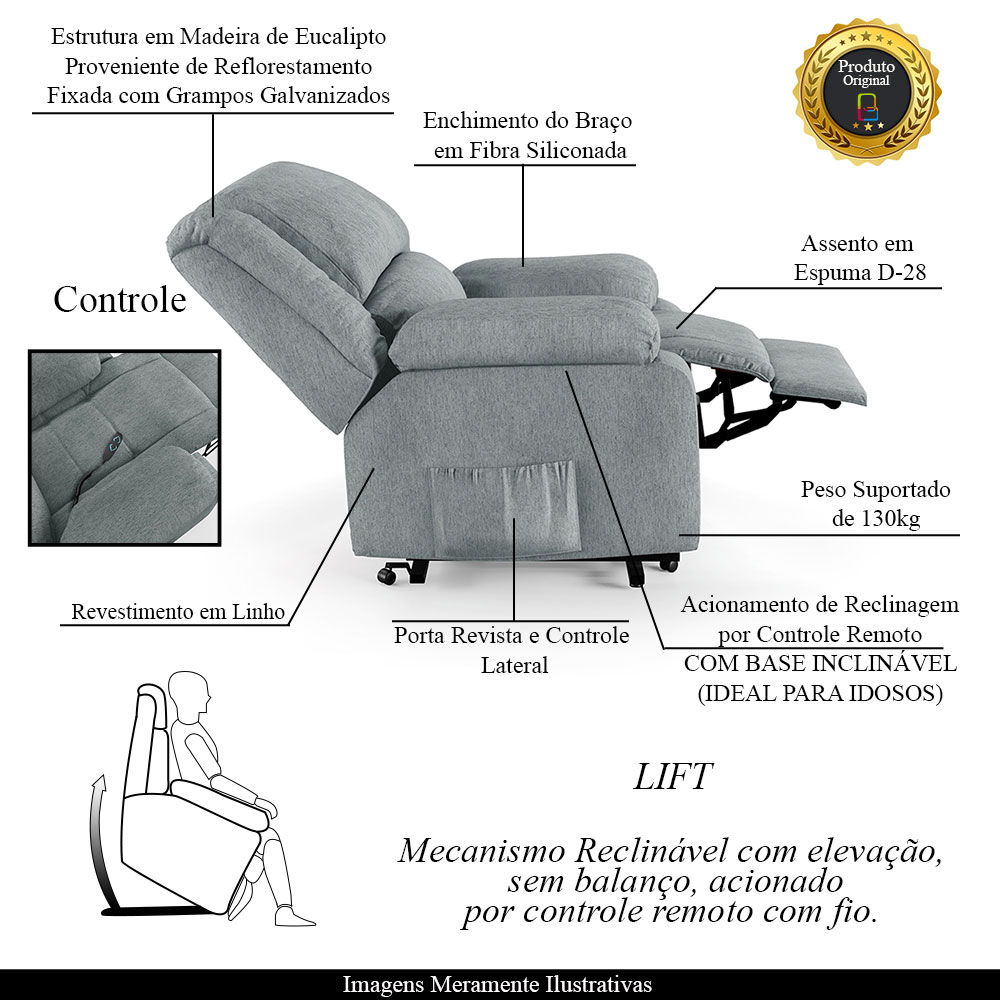 Poltrona do Papai Reclinável Sala de Cinema Madrid Elevação Lift Elétrico Linho Cinza  G26