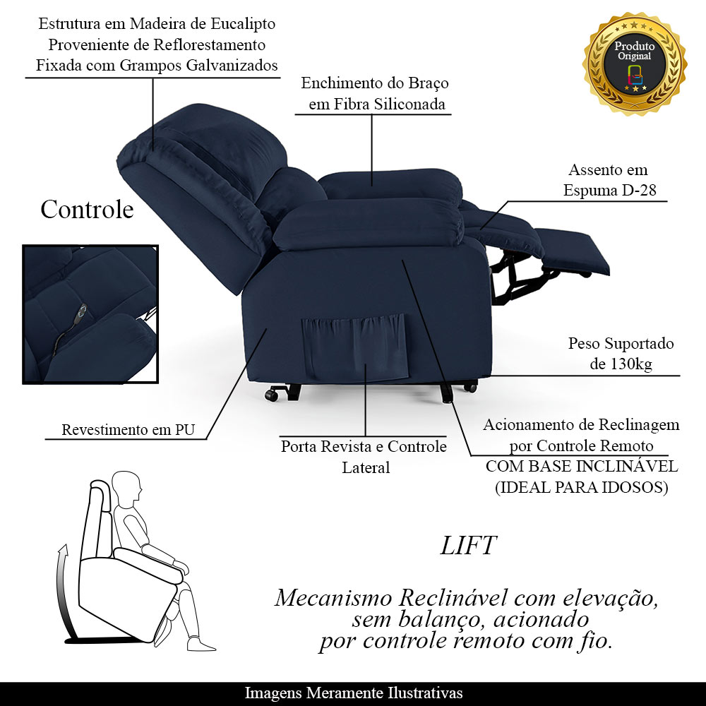 Poltrona do Papai Reclinável Sala de Cinema Madrid Elevação Lift Elétrico PU Azul  G23