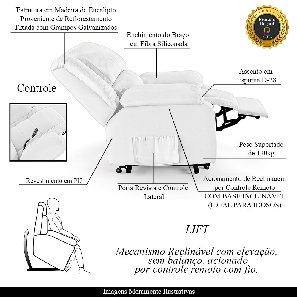 Poltrona do Papai Reclinável Sala de Cinema Madrid Elevação Lift Elétrico PU Branco  G23