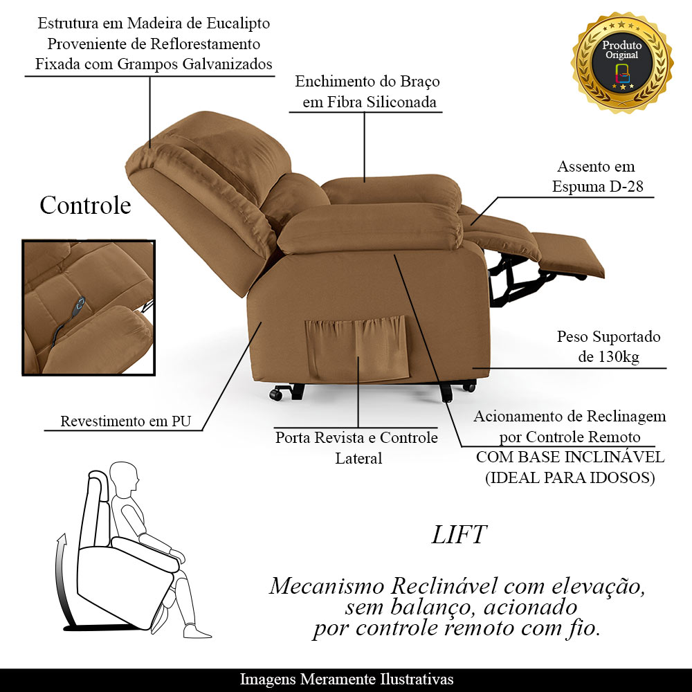 Poltrona do Papai Reclinável Sala de Cinema Madrid Elevação Lift Elétrico PU Caramelo  G23