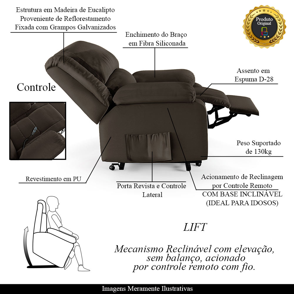 Poltrona do Papai Reclinável Sala de Cinema Madrid Elevação Lift Elétrico PU Marrom  G23