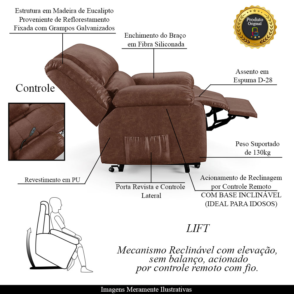 Poltrona do Papai Reclinável Sala de Cinema Madrid Elevação Lift Elétrico PU Marrom Brilho  G26