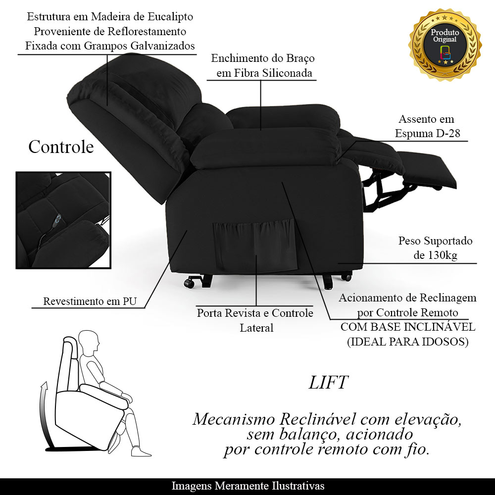 Poltrona do Papai Reclinável Sala de Cinema Madrid Elevação Lift Elétrico PU Preto  G23