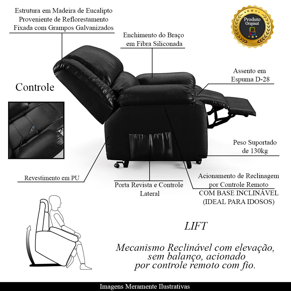 Poltrona do Papai Reclinável Sala de Cinema Madrid Elevação Lift Elétrico PU Preto Brilho  G26