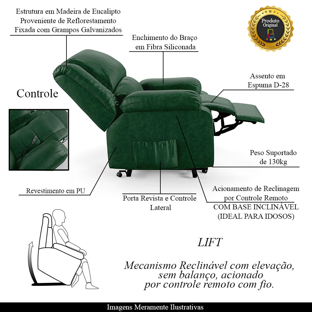 Poltrona do Papai Reclinável Sala de Cinema Madrid Elevação Lift Elétrico PU Verde Musgo  G26