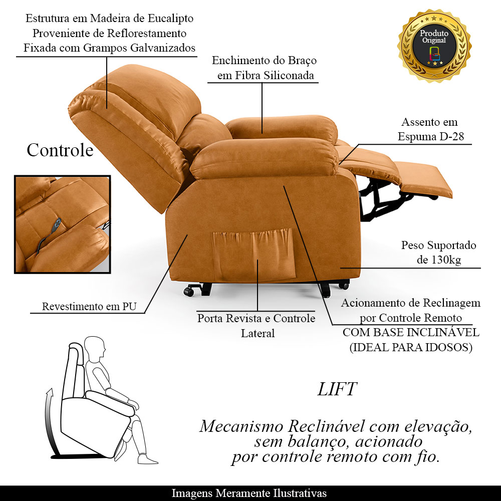 Poltrona do Papai Reclinável Sala de Cinema Madrid Elevação Lift Elétrico PU Whisky  G26