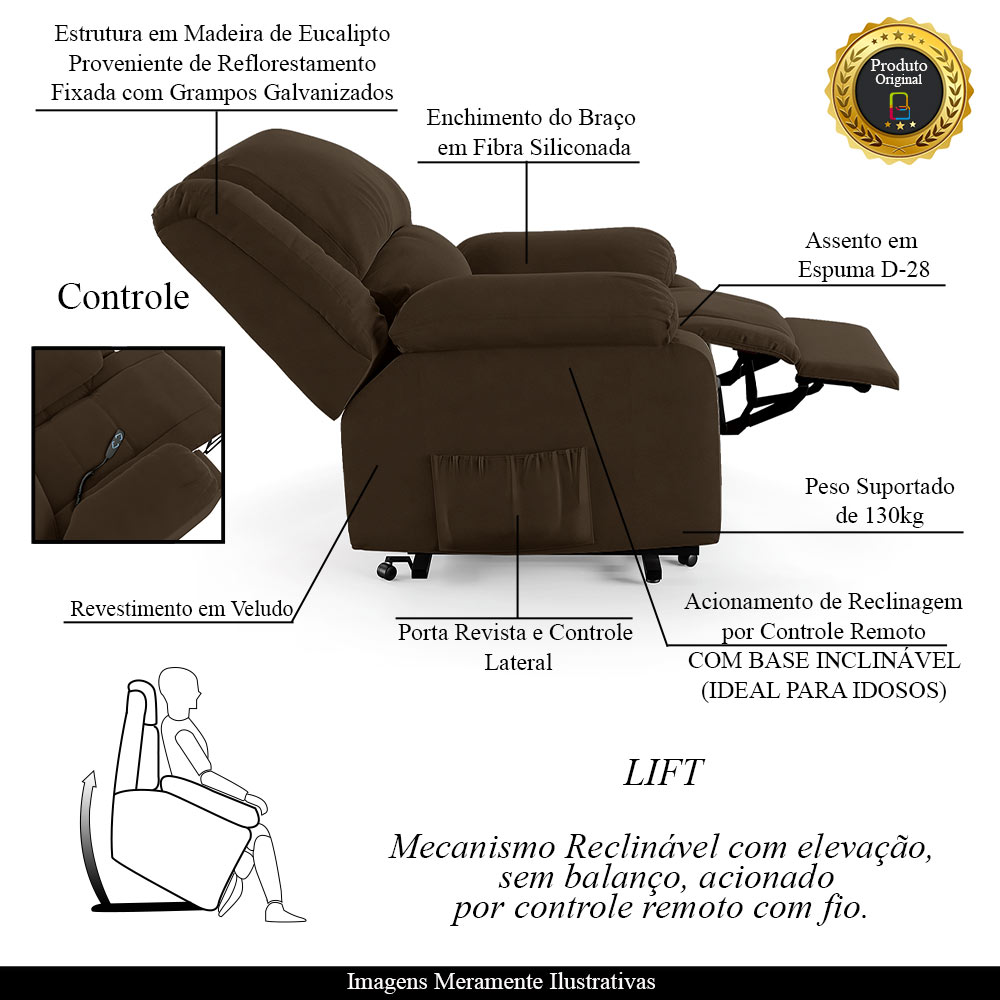 Poltrona do Papai Reclinável Sala de Cinema Madrid Elevação Lift Elétrico Veludo Marrom  G23