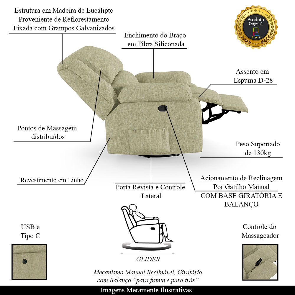 Poltrona do Papai Reclinável Sala de Cinema Madrid Glider Manual Giratória Massagem USB Linho Bege  G26